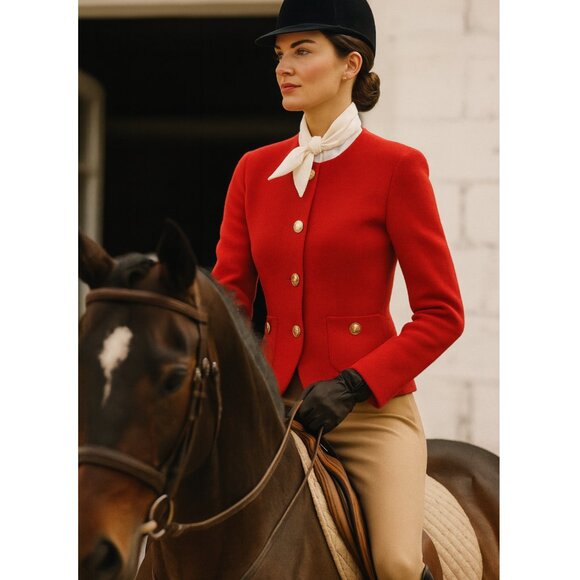 ST. JOHN Blazer Jacket Santana Knit Red Gold Buttons size 6 Classic Preppy - Picture 7 of 14